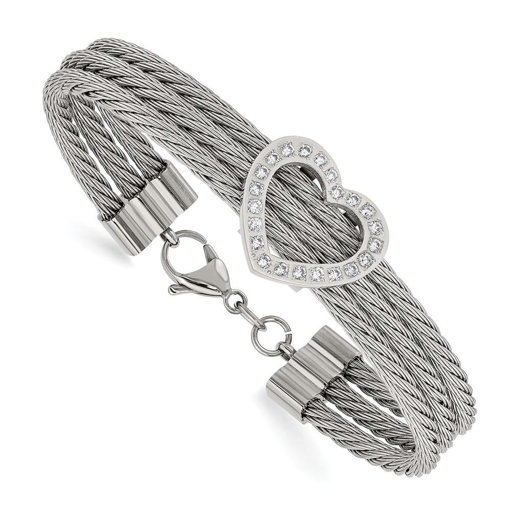 Chisel Stainless Steel Polished wire with CZ Heart 7.5 inch Bracelet, 7.5 Length